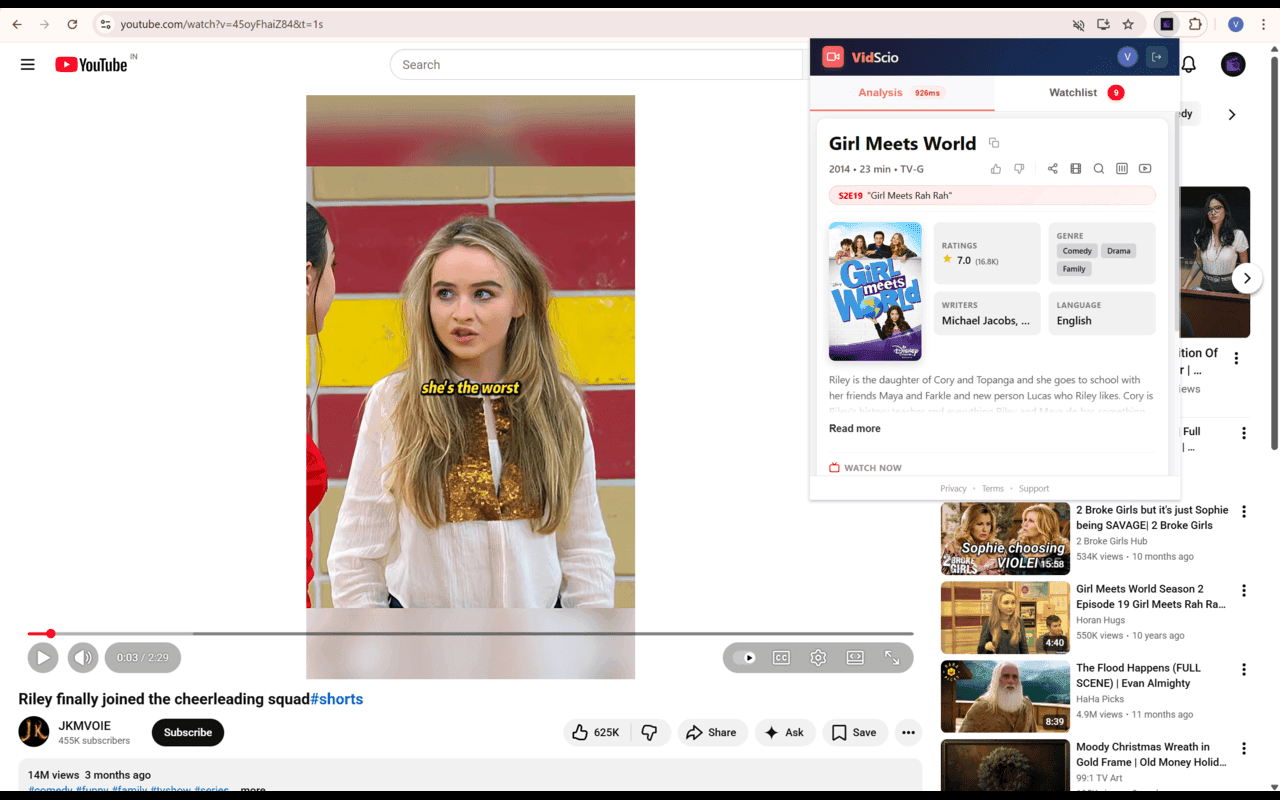VidScio identifying Girl Meets World from a YouTube video and showing streaming options
