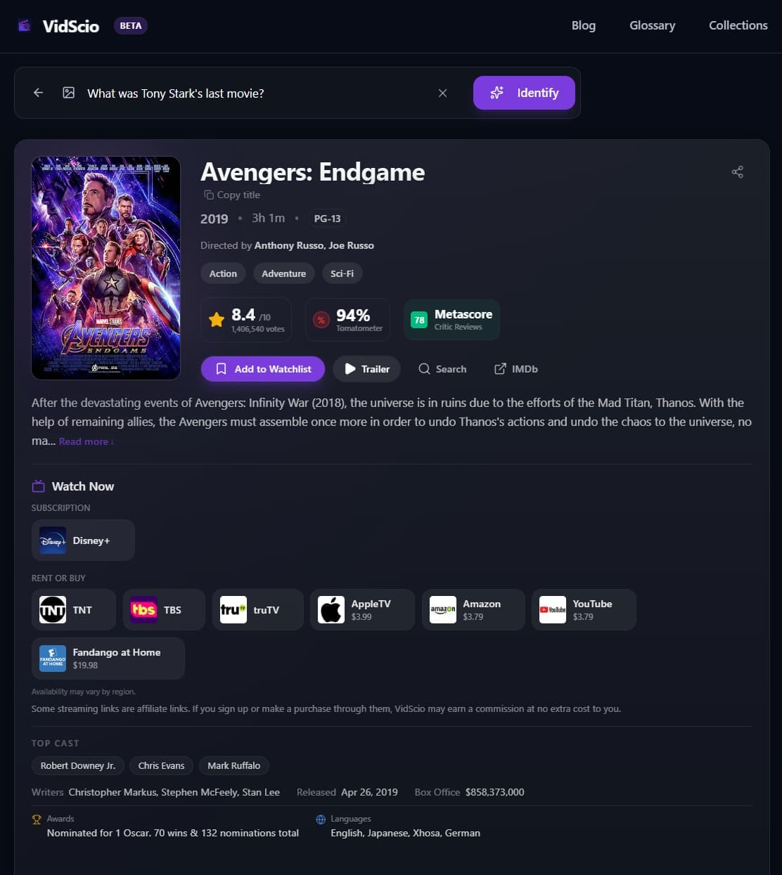 VidScio identifying Avengers: Endgame from the plain-language question 'What was Tony Stark's last movie?'