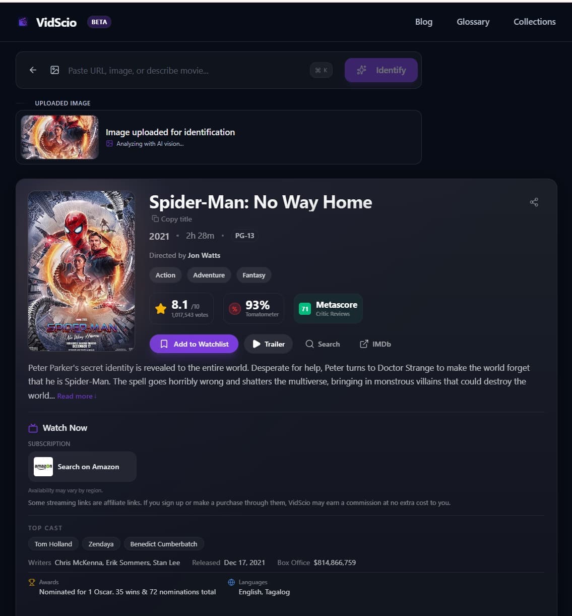 VidScio identifying Spider-Man: No Way Home from an uploaded screenshot using AI vision