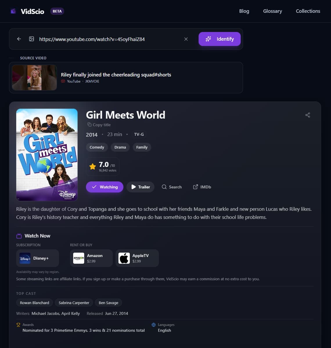 VidScio identifying the TV show Girl Meets World from a YouTube Shorts URL, showing the source clip and streaming options.